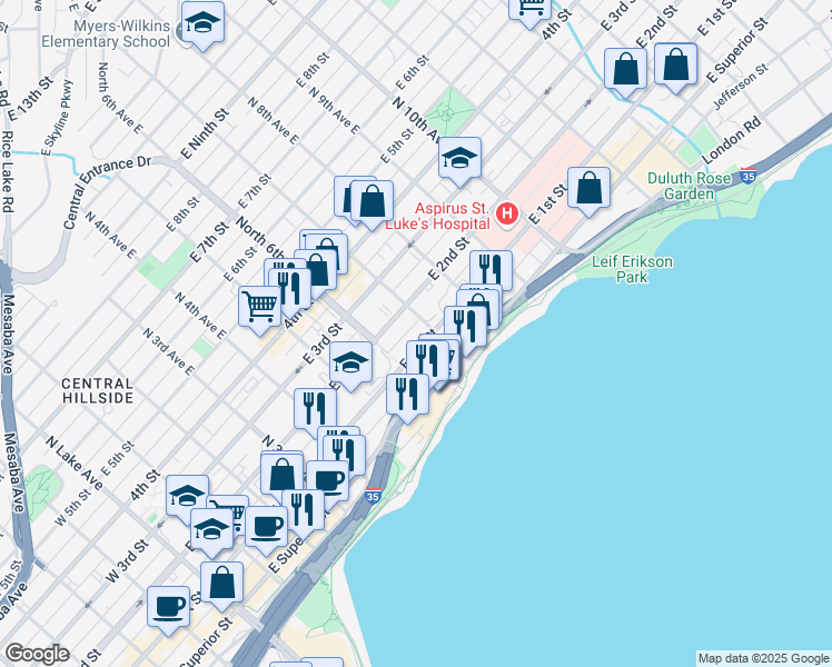 map of restaurants, bars, coffee shops, grocery stores, and more near 623 East 1st Street in Duluth