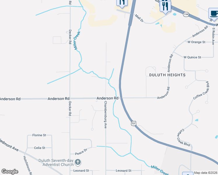 map of restaurants, bars, coffee shops, grocery stores, and more near 3824 Chambersburg Avenue in Duluth