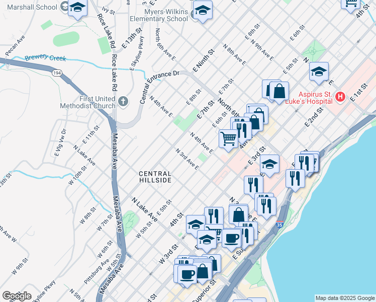 map of restaurants, bars, coffee shops, grocery stores, and more near 309 East 6th Street in Duluth