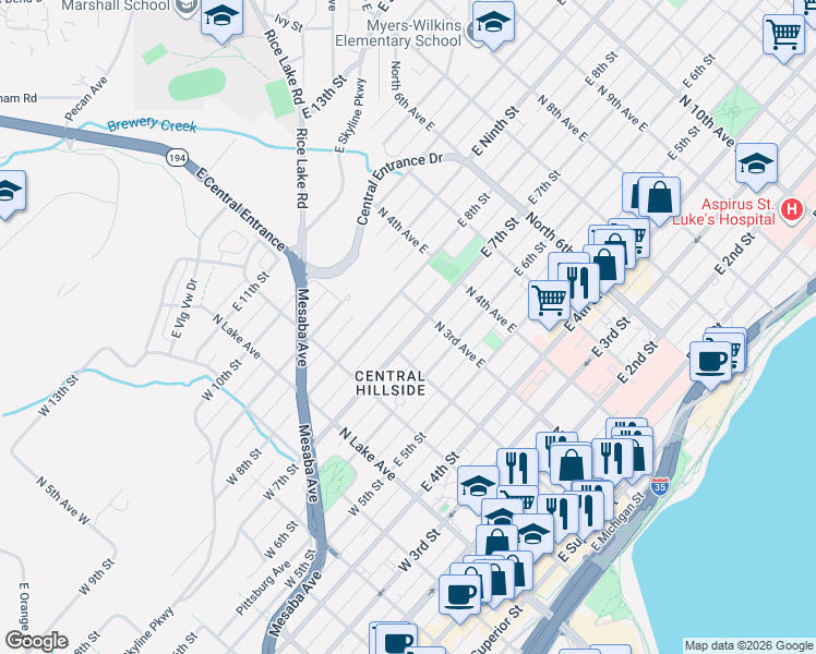 map of restaurants, bars, coffee shops, grocery stores, and more near 217 East 7th Street in Duluth