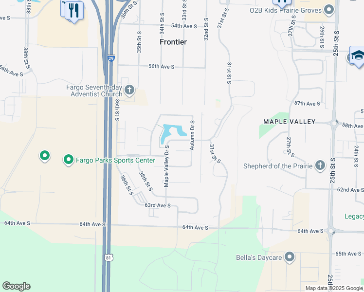 map of restaurants, bars, coffee shops, grocery stores, and more near 6015 Autumn Dr S in Fargo