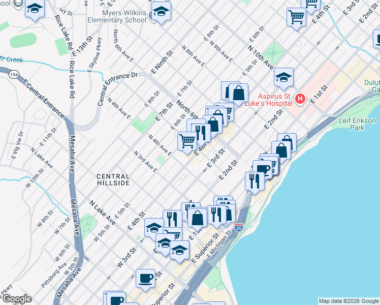 map of restaurants, bars, coffee shops, grocery stores, and more near r413 East 4th Street in Duluth