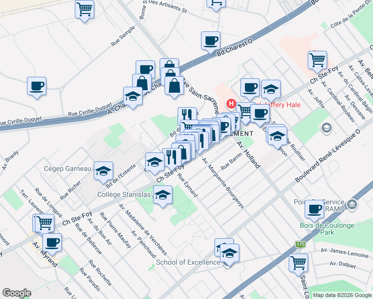 map of restaurants, bars, coffee shops, grocery stores, and more near 1420 Rue Frontenac in Québec