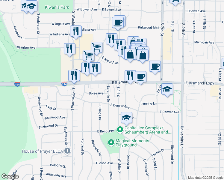 map of restaurants, bars, coffee shops, grocery stores, and more near 1015 Laramie Drive in Bismarck