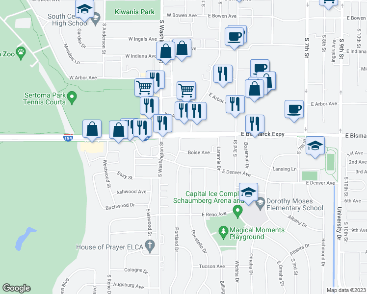 map of restaurants, bars, coffee shops, grocery stores, and more near 104 Boise Avenue in Bismarck