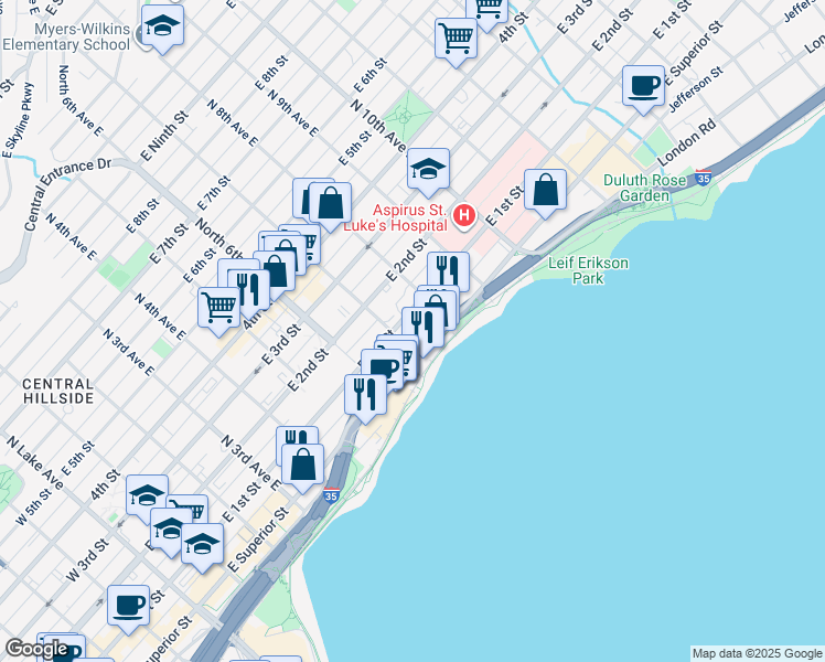 map of restaurants, bars, coffee shops, grocery stores, and more near 702 East 1st Street in Duluth