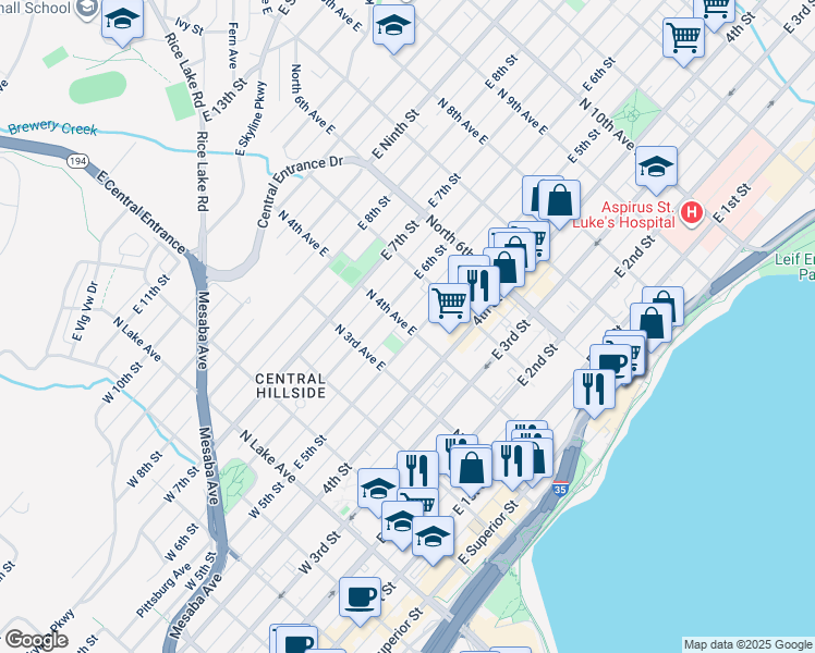 map of restaurants, bars, coffee shops, grocery stores, and more near 407 East 4th Street in Duluth