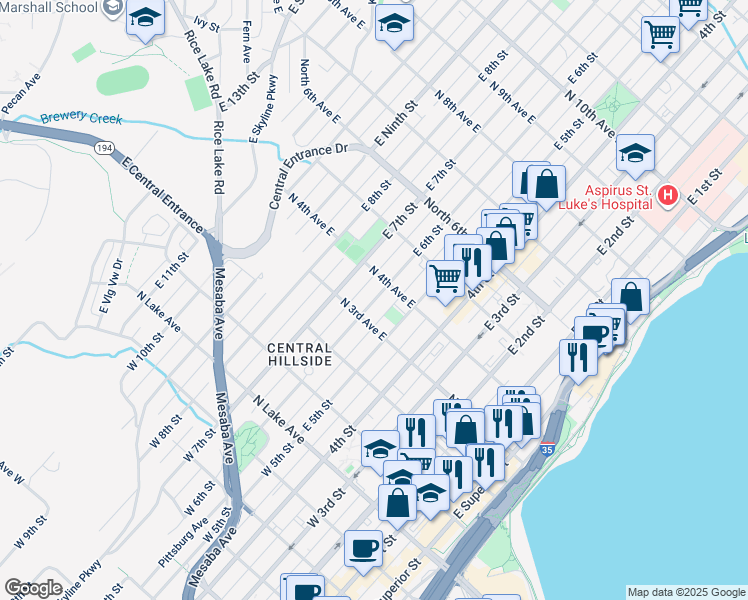 map of restaurants, bars, coffee shops, grocery stores, and more near 312 East 6th Street in Duluth