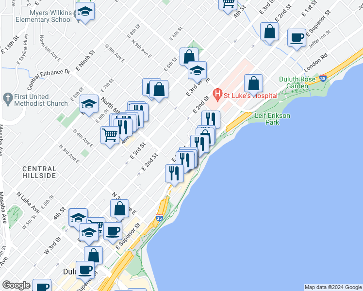 map of restaurants, bars, coffee shops, grocery stores, and more near 629 East 1st Street in Duluth