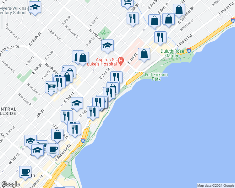 map of restaurants, bars, coffee shops, grocery stores, and more near 740 East Superior Street in Duluth