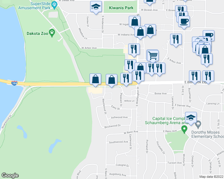 map of restaurants, bars, coffee shops, grocery stores, and more near 505 Riverwood Dr in Bismarck