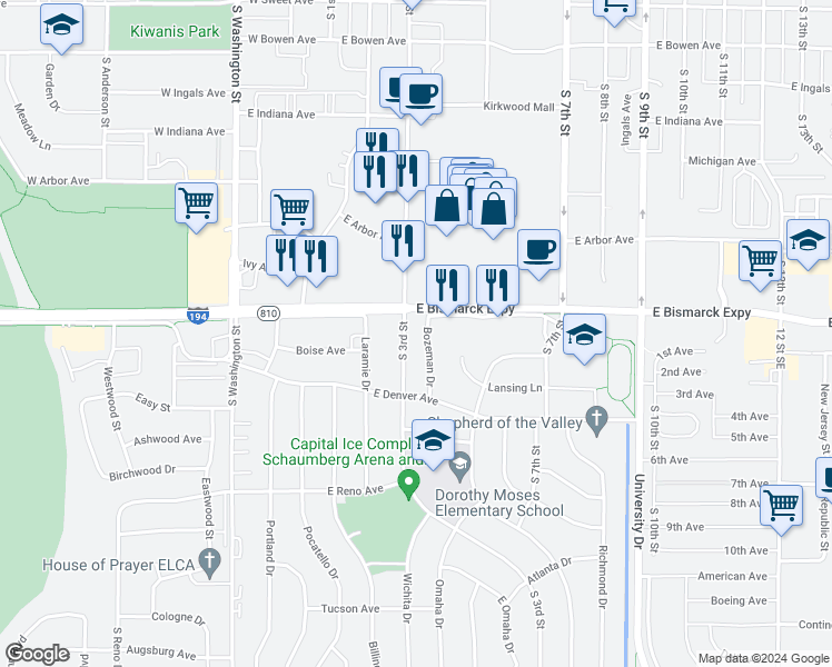 map of restaurants, bars, coffee shops, grocery stores, and more near 1023 South 3rd Street in Bismarck