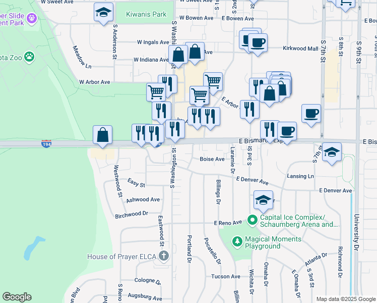 map of restaurants, bars, coffee shops, grocery stores, and more near 110 Boise Avenue in Bismarck
