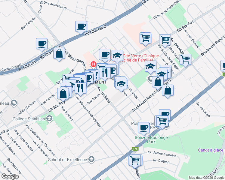 map of restaurants, bars, coffee shops, grocery stores, and more near 850 Avenue Ernest-Gagnon in Québec