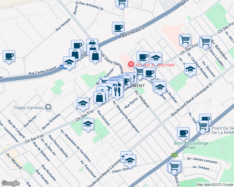 map of restaurants, bars, coffee shops, grocery stores, and more near 1364 Chemin Sainte-Foy in Québec