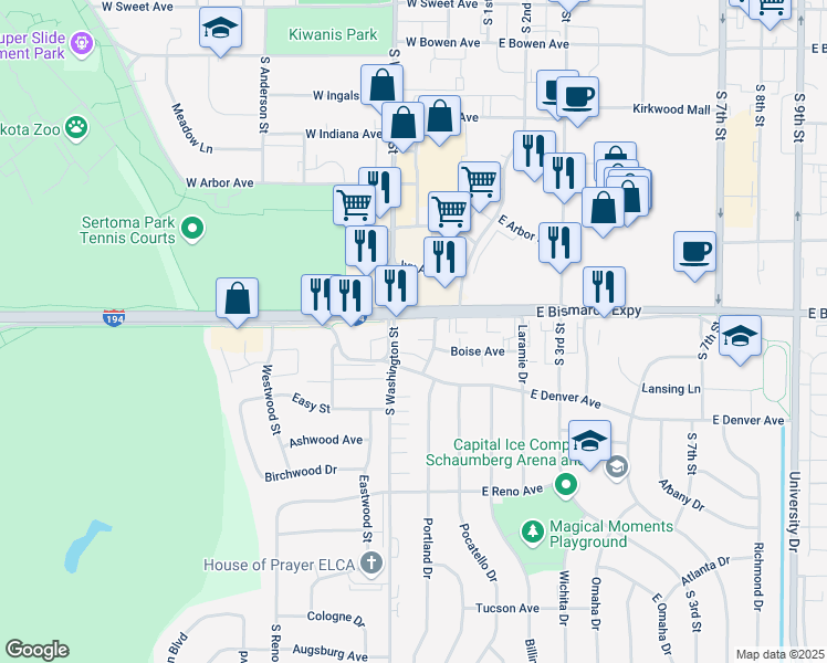 map of restaurants, bars, coffee shops, grocery stores, and more near 1033 South Washington Street in Bismarck
