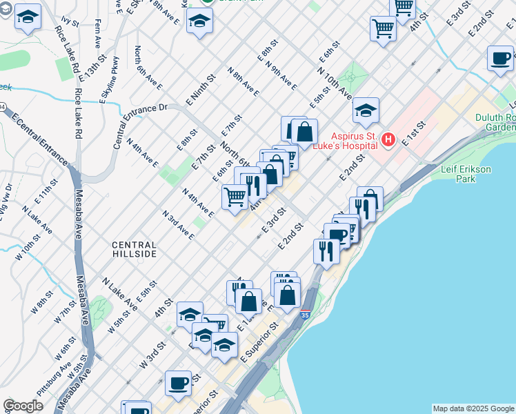 map of restaurants, bars, coffee shops, grocery stores, and more near 501 East 3rd Street in Duluth