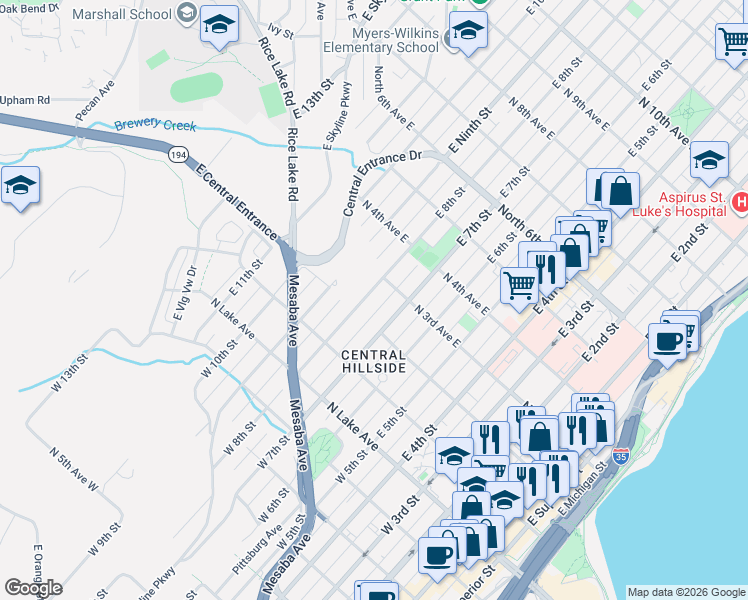 map of restaurants, bars, coffee shops, grocery stores, and more near 213 East 7th Street in Duluth
