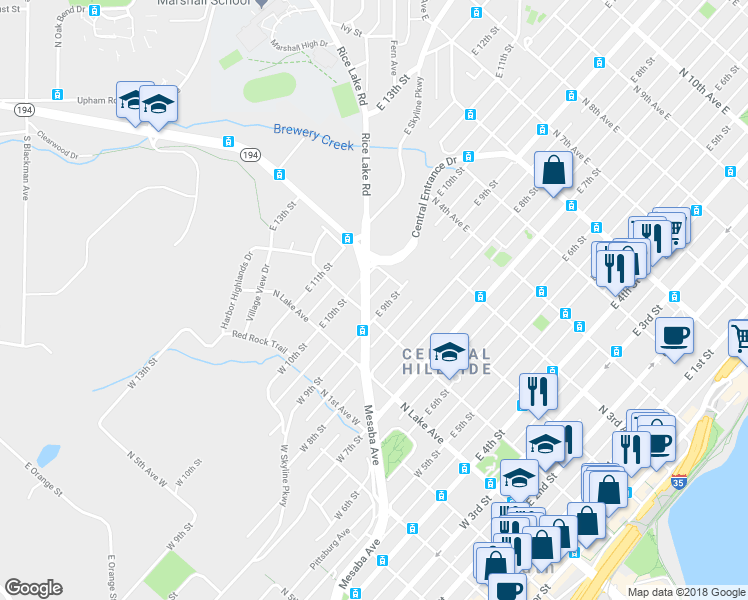 map of restaurants, bars, coffee shops, grocery stores, and more near 106 East 9th Street in Duluth