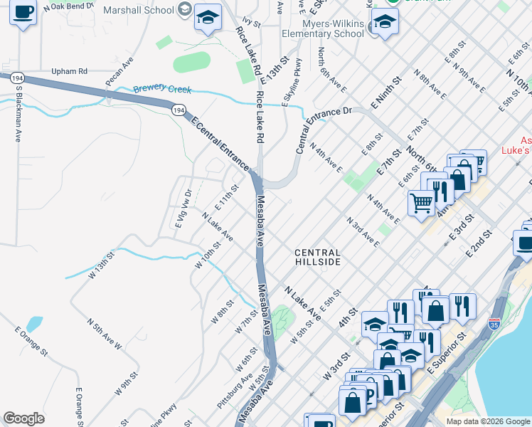 map of restaurants, bars, coffee shops, grocery stores, and more near 106 East 9th Street in Duluth