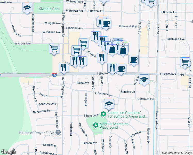 map of restaurants, bars, coffee shops, grocery stores, and more near 209 East Bismarck Expressway in Bismarck