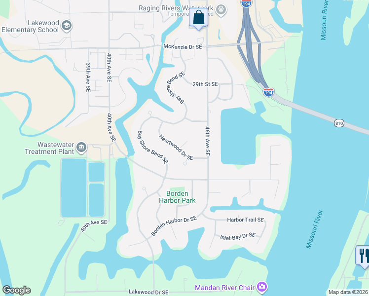 map of restaurants, bars, coffee shops, grocery stores, and more near Heartwood Drive Southeast in Mandan
