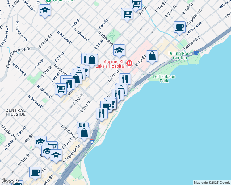 map of restaurants, bars, coffee shops, grocery stores, and more near 702 East 1st Street in Duluth