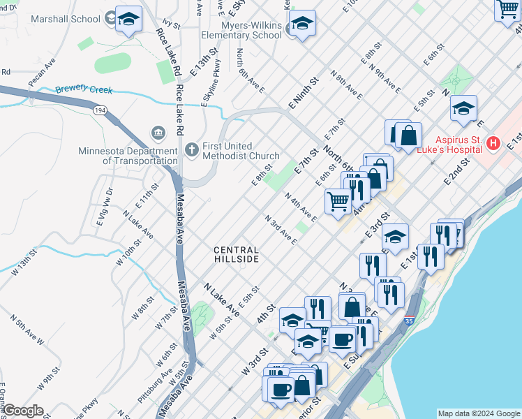 map of restaurants, bars, coffee shops, grocery stores, and more near in Duluth