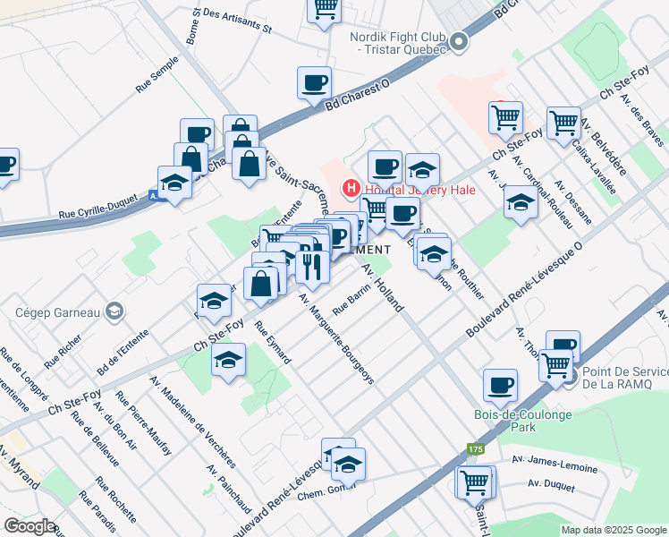 map of restaurants, bars, coffee shops, grocery stores, and more near 1364 Chemin Sainte-Foy in Québec