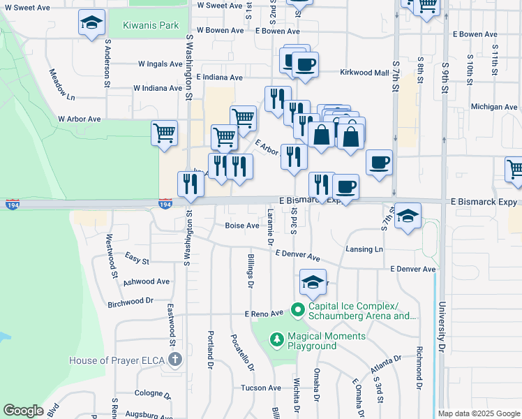 map of restaurants, bars, coffee shops, grocery stores, and more near 131 East Bismarck Expressway in Bismarck