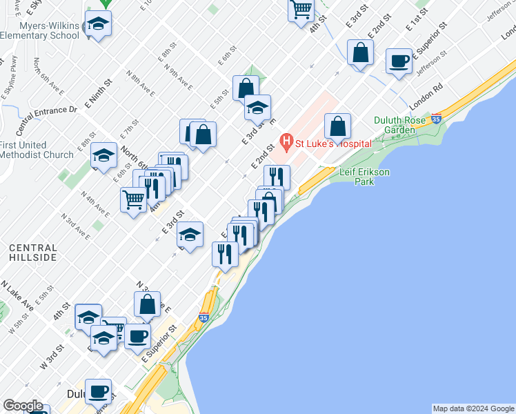 map of restaurants, bars, coffee shops, grocery stores, and more near 720 East 1st Street in Duluth