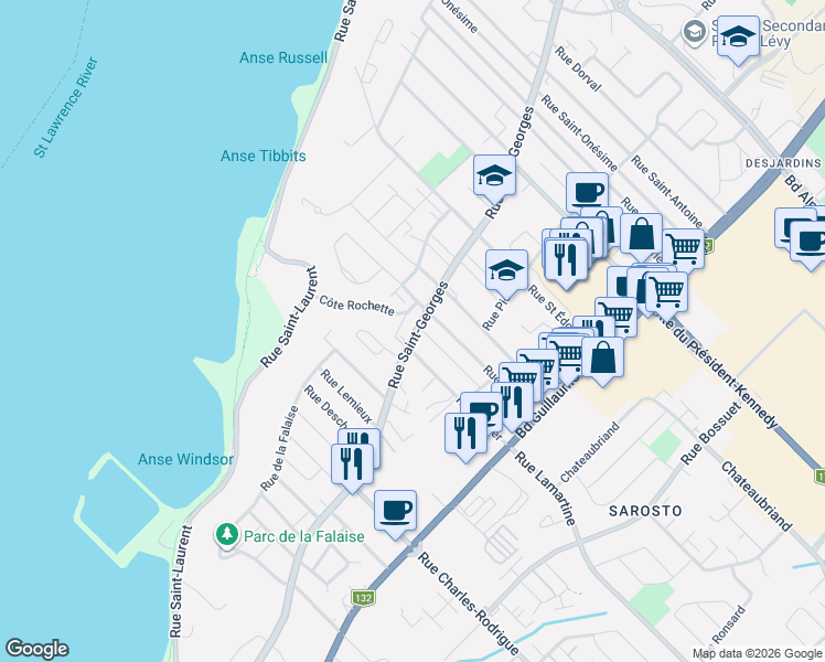map of restaurants, bars, coffee shops, grocery stores, and more near 5221 Rue Saint-Georges in Lévis
