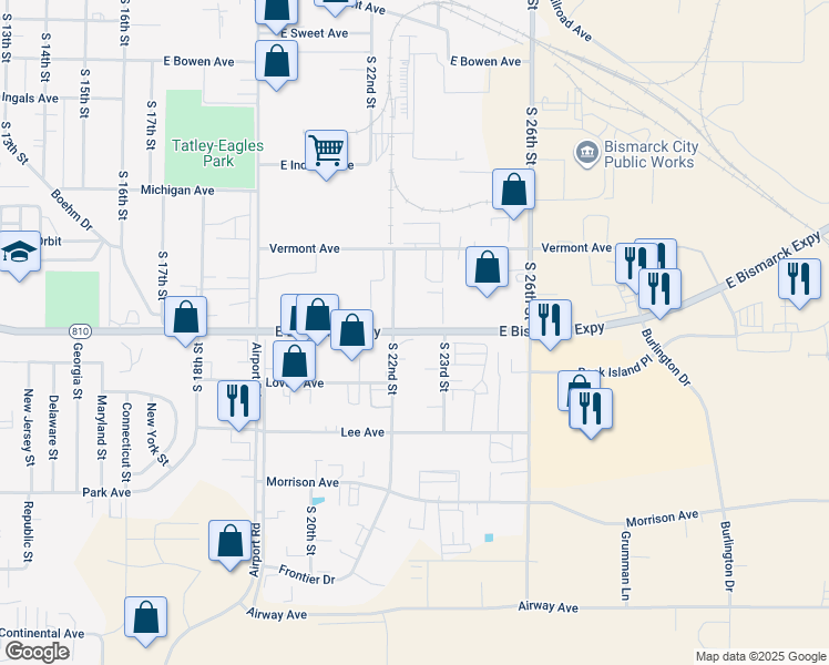 map of restaurants, bars, coffee shops, grocery stores, and more near 2217 East Bismarck Expressway in Bismarck