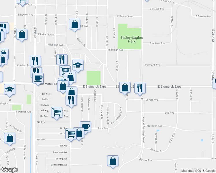 map of restaurants, bars, coffee shops, grocery stores, and more near 1422 East Bismarck Expressway in Bismarck