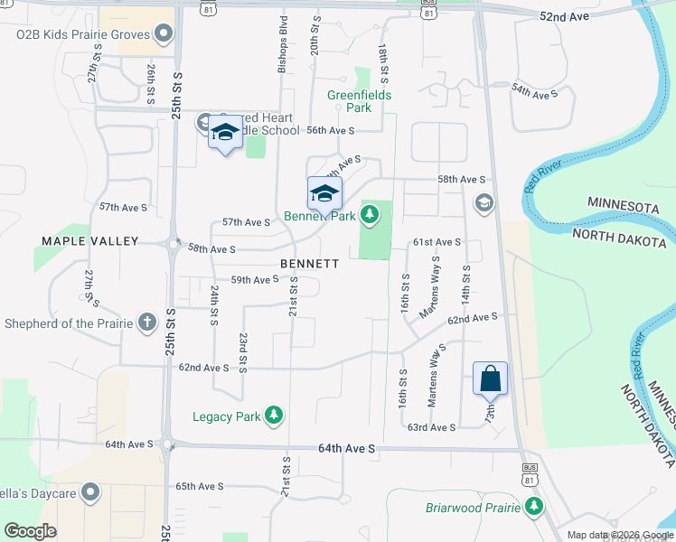 map of restaurants, bars, coffee shops, grocery stores, and more near 2000 58th Avenue South in Fargo