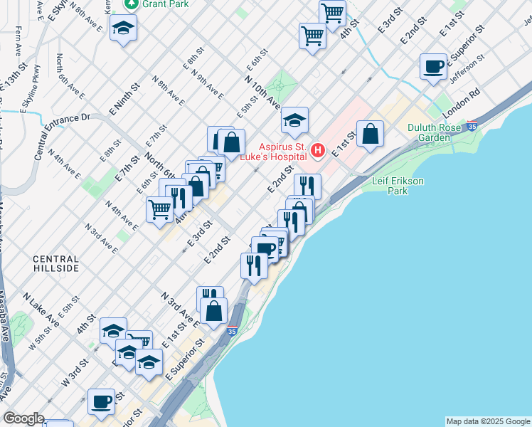 map of restaurants, bars, coffee shops, grocery stores, and more near 116 North 7th Avenue East in Duluth