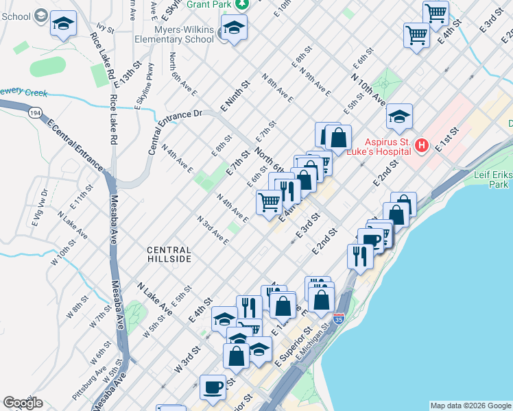 map of restaurants, bars, coffee shops, grocery stores, and more near 432 East 6th Street in Duluth