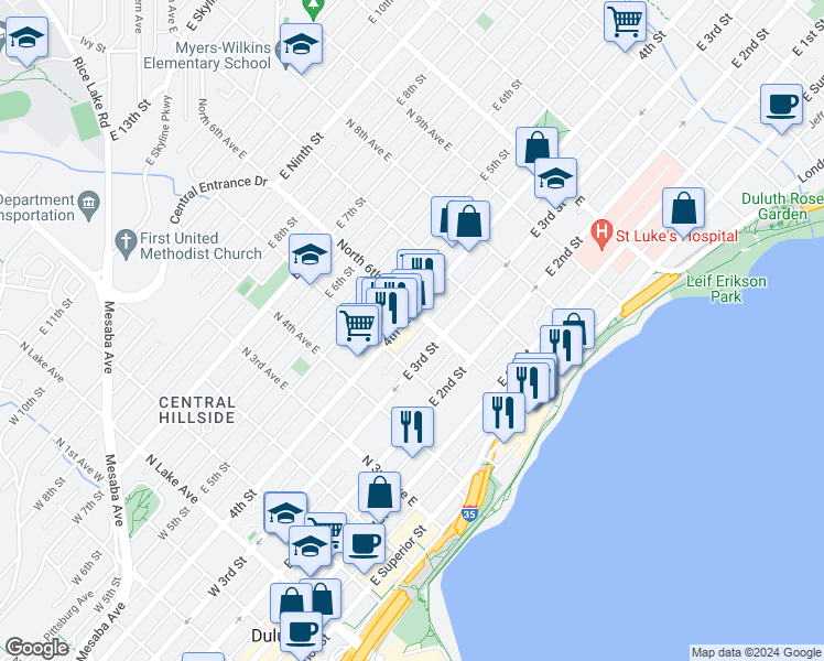 map of restaurants, bars, coffee shops, grocery stores, and more near 421 East 6th Street in Duluth