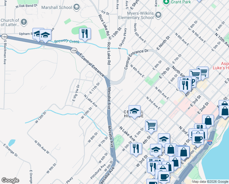 map of restaurants, bars, coffee shops, grocery stores, and more near 132 East 10th Street in Duluth