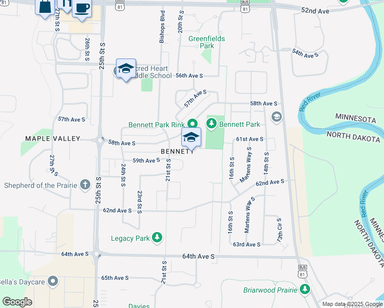 map of restaurants, bars, coffee shops, grocery stores, and more near 2000 58th Avenue South in Fargo