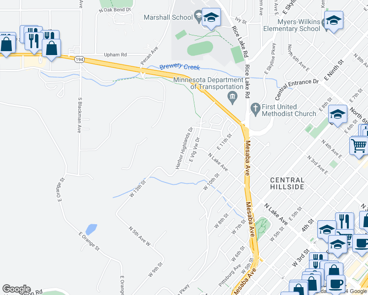 map of restaurants, bars, coffee shops, grocery stores, and more near 2 Harbor Highlands Drive in Duluth