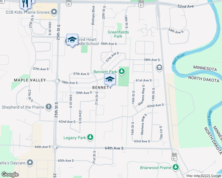map of restaurants, bars, coffee shops, grocery stores, and more near 2000 58th Avenue South in Fargo