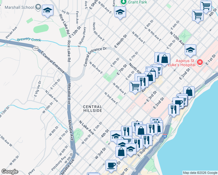 map of restaurants, bars, coffee shops, grocery stores, and more near 318 East 7th Street in Duluth