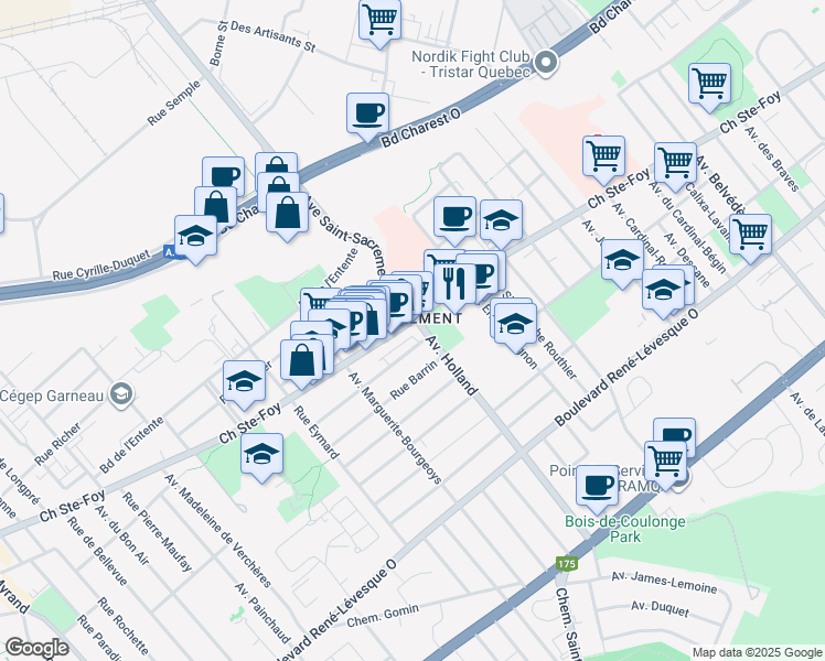 map of restaurants, bars, coffee shops, grocery stores, and more near 1300 Chemin Sainte-Foy in Québec