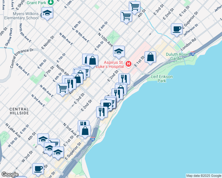 map of restaurants, bars, coffee shops, grocery stores, and more near 719 East 2nd Street in Duluth