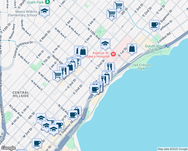 map of restaurants, bars, coffee shops, grocery stores, and more near 719 East 2nd Street in Duluth