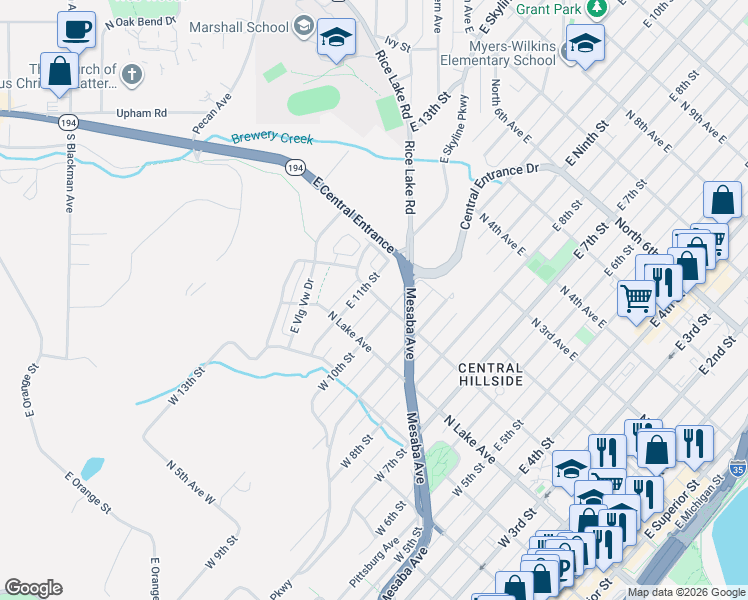 map of restaurants, bars, coffee shops, grocery stores, and more near in Duluth