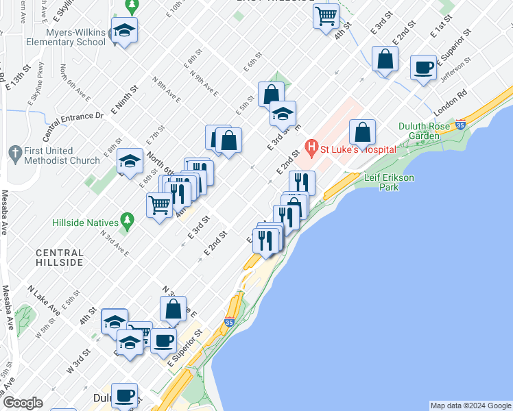 map of restaurants, bars, coffee shops, grocery stores, and more near 702 East 2nd Street in Duluth