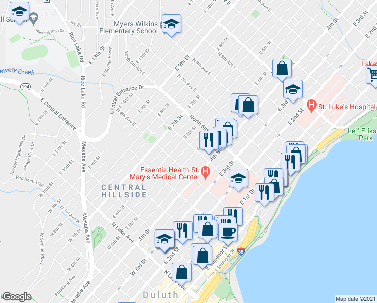 map of restaurants, bars, coffee shops, grocery stores, and more near 432 East 6th Street in Duluth