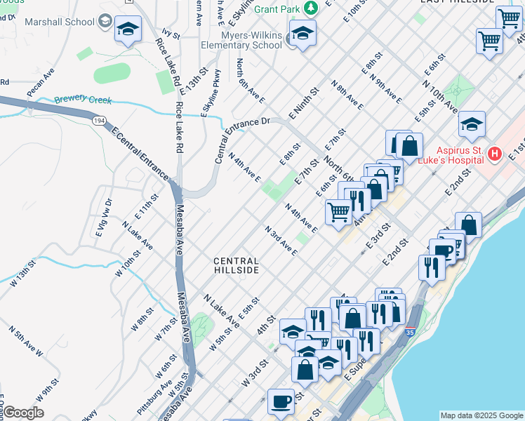 map of restaurants, bars, coffee shops, grocery stores, and more near 327 East 7th Street in Duluth